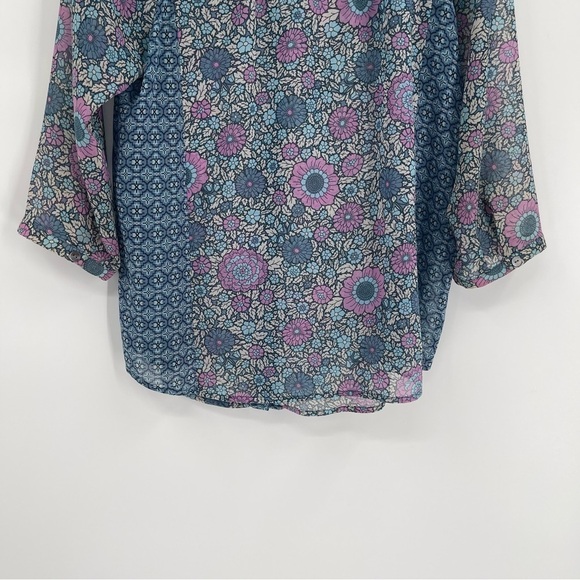 J. Jill Blue Floral Print Tassel Tie Peasant Top Size Small Petite button front - Picture 9 of 11